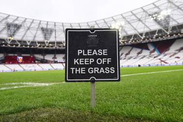 epa08404228 (FILE) - View of the pitch at the London Stadium ahead of the English Premier League soccer match between West Ham United and Arsenal FC in London, Britain, 12 January 2019 (re-issued on 06 May 2020). English Premier League club doctors expressed that they are concerned over risks of restarting the Premier League season amid the ongoing coronavirus COVID-19 pandemic, British media reports claimed on late 05 May 2020. EPA/FACUNDO ARRIZABALAGA *** Local Caption *** 55950381