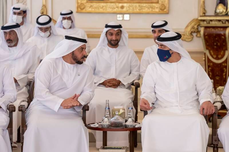 Sheikh Hamdan bin Zayed, Ruler’s Representative in Al Dhafra Region, and Sheikh Abdullah bin Zayed, Minister of Foreign Affairs and International Co-operation, attend a Sea Palace barza. All photos: Presidential Court
