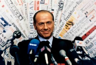 Berlusconi holds a press conference announcing his debut in politics in Rome in 1993. Getty