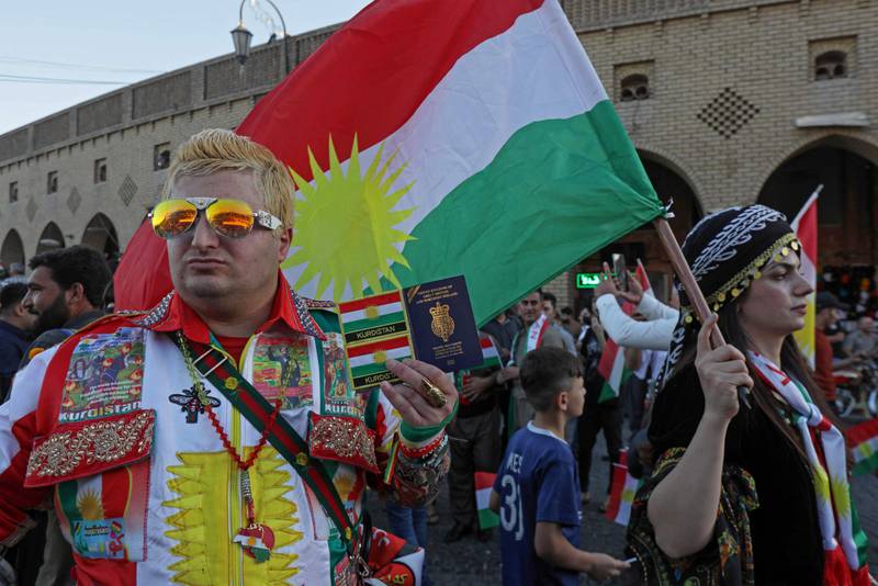 Iraqi Kurds commemorate the fifth anniversary of the Kurdistan region’s independence referendum in Arbil. AFP