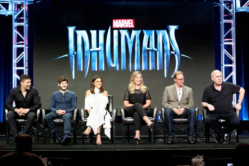 Anson Mount, from left, Iwan Rheon, Serinda Swan, Ellen Woglom, Scott Buck and Jeph Loeb participate in the "Marvel Inhumans" panel during the Disney ABC Television Critics Association Summer Press Tour at the Beverly Hilton on Sunday, Aug. 6, 2017, in Beverly Hills, Calif. (Photo by Willy Sanjuan/Invision/AP)