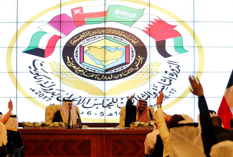 Kuwait's Foreign Minister Sabah Al Khalid Al Sabah gestures during a news conference with Secretary-General of the Gulf Cooperation Council (GCC) Abdullatif bin Rashid Al Zayani, following the annual summit of GCC, in Kuwait City, Kuwait, December 5, 2017. REUTERS/Hamad I Mohammed