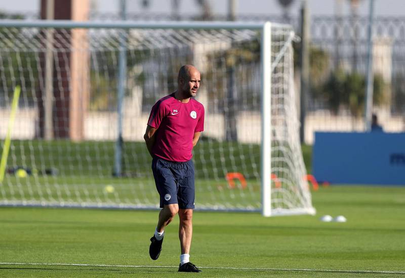 Abu Dhabi, United Arab Emirates - March 15th, 2018: Manager of Manchester City Pep Guardiola during a training session in Abu Dhabi. Thursday, March 15th, 2018. Emirates Palace, Abu Dhabi. Chris Whiteoak / The National