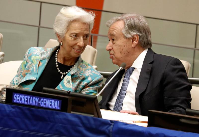 Managing Director and Chairwoman of the International Monetary Fund Christine Lagarde, left, speaks  with UN Secretary General Antonio Guterres before the High-level Meeting on Financing the 2030 Agenda for Sustainable Development at United Nations headquarters in New York.  EPA