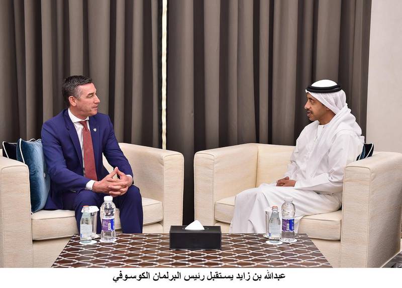 Sheikh Abdullah bin Zayed, Minister of Foreign Affairs and International Cooperation, meets Kadri Veseli, chairman of the assembly of Kosovo, on Sunday. Wam