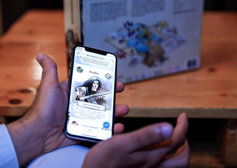 Abu Dhabi, United Arab Emirates, December 16, 2019.  
  STORY BRIEF: 
Mohammed Al Qadhi and the first emirati innovated board game which he created, Conqueror, Final Quest.
Section:  NA
Reporter:  Haneen Dajani