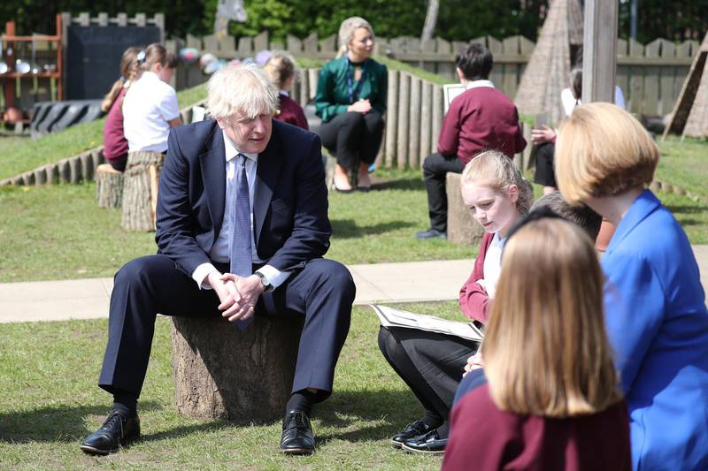 Prime Minister Boris Johnson has visited Cleves Cross Primary school in Ferryhill, northeast England. Getty Images