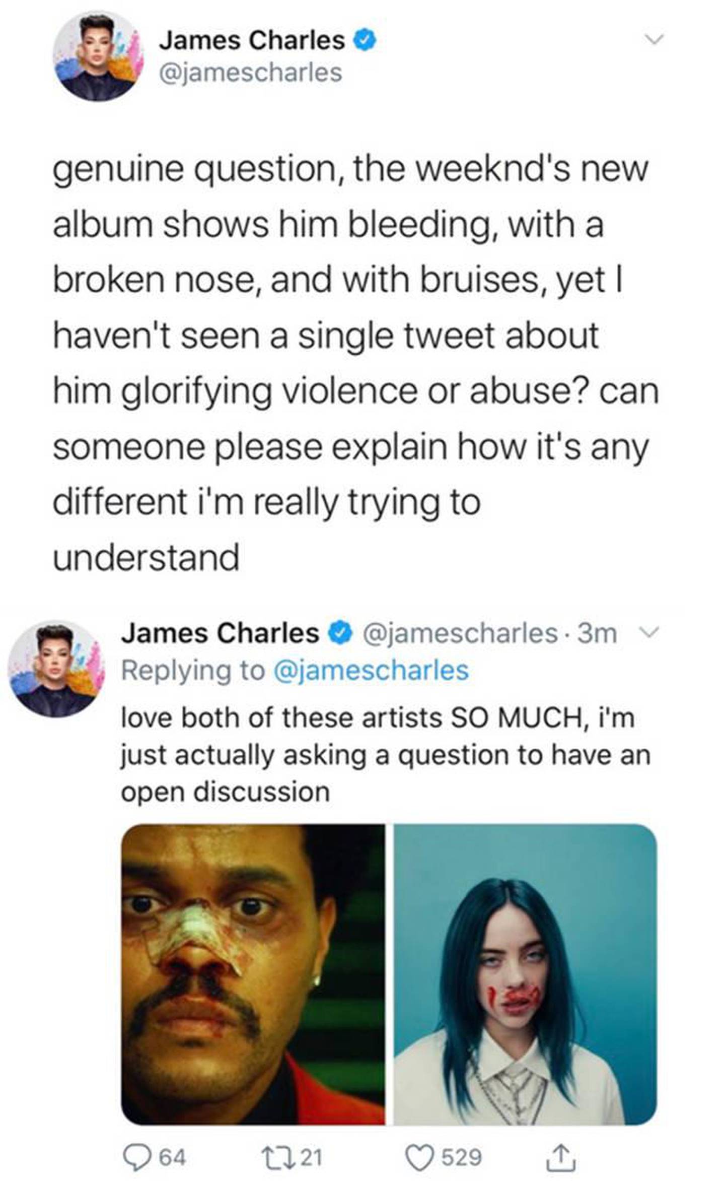James Charles compared the challenge to images used by popstars The Weeknd and Billie Eilish. Twitter 