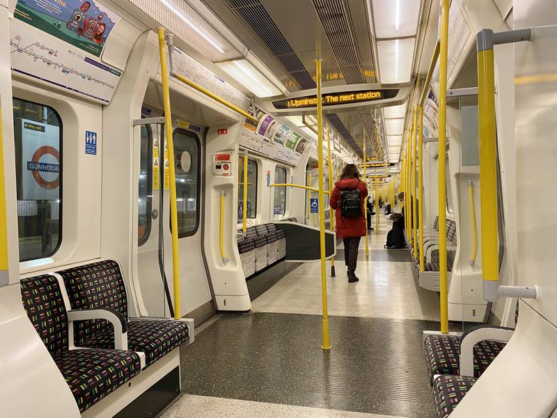 Empty seats on a London Underground train, the morning after UK Prime Minister Boris Johnson announced that work-from-home guidance will return in England. PA