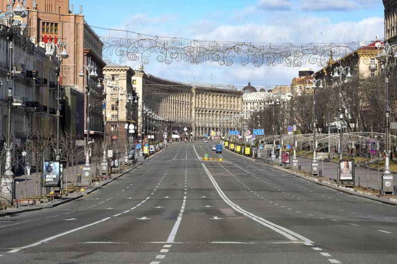 Khreshchatyk, Kiev’s main street, lies empty as a curfew comes into effect. AP