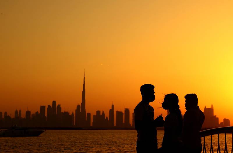 DUBAI, UNITED ARAB EMIRATES - APRIL 30: A general view of the Dubai Skyline on April 30, 2021 in Dubai, United Arab Emirates. Muslim men and women across the world observe Ramadan, a month long celebration of self-purification and restraint. During Ramadan, the Muslim community fast, abstaining from food, drink, smoking and sex between sunrise and sunset, breaking their fast with an Iftar meal after sunset.  (Photo by Francois Nel/Getty Images)