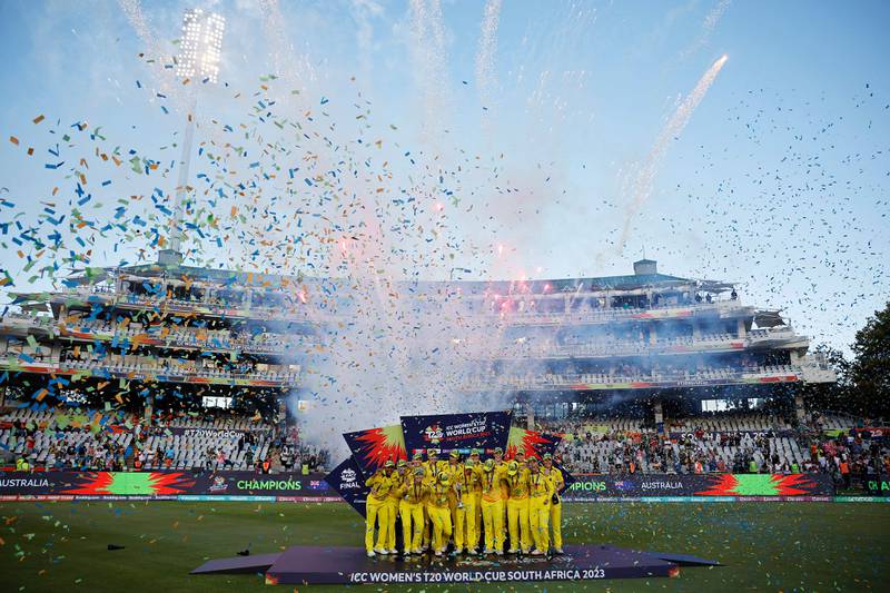 Australia celebrate winning the T20 women's World Cup final against South Africa at Newlands Stadium, Cape Town. AFP