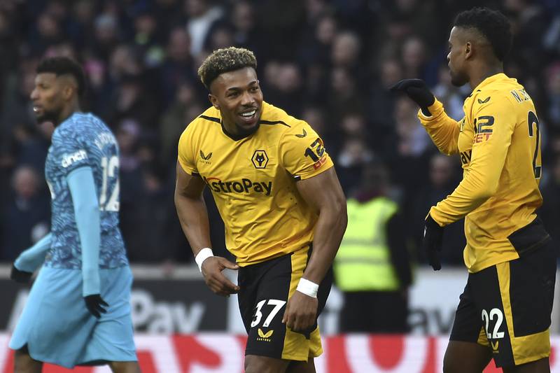 Adama Traore celebrates after his late goal earned Wolves a 1-0 Premier League win over Tottenham Hotspur at Molineux on March 4, 2023.  AP