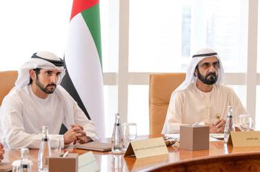 Sheikh Mohammed bin Rashid, Vice President and Ruler of Dubai, and Sheikh Hamdan bin Mohammed, Crown Prince of Dubai, hold the first meeting of the Dubai Council on Tuesday. Courtesy: Dubai Media Office