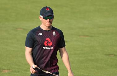 PUNE, INDIA - MARCH 25: Eoin Morgan of England is seen with tape on his injured hand during a England Net Session at Maharashtra Cricket Association Stadium on March 25, 2021 in Pune, India. (Photo by Surjeet Yadav/Getty Images)
