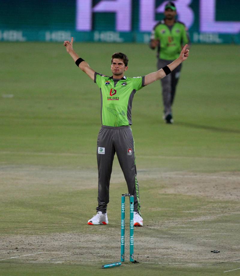 Lahore Qalandars pacer Shaheen Afridi celebrates after taking the wicket of Karachi Kings' Waqas Maqsood during their PSL match at the National Stadium, in Karachi, on February 28. AP