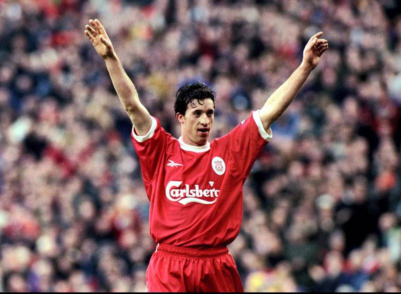 16 Jan 1999:  Robbie Fowler of Liverpool celebrates a goal during the FA Carling Premiership match against Southampton at Anfield in Liverpool, England. Liverpool won the game 7-1. \ Mandatory Credit: Laurence Griffiths /Allsport