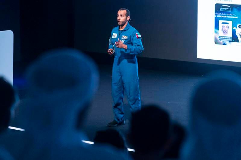 Hazza Al Mansouri, the first Emirati in space, delivers a talk at Dubai's Museum of the Future. All photos: Antonie Robertson / The National


