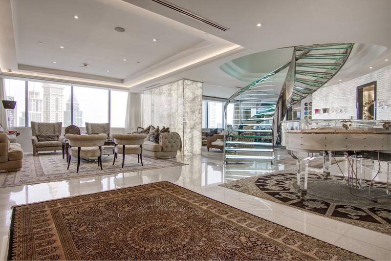 4 - Price: on application. Located in Sky Gardens in the DIFC, this penthouse spans 5,404 sq ft and has five bedrooms. It comes with plush fabrics from Fendi, mother of pearl walls by Maya Romanoff, and designer furnishings by Cavalli, Louis Vuiton and Visionnaire.