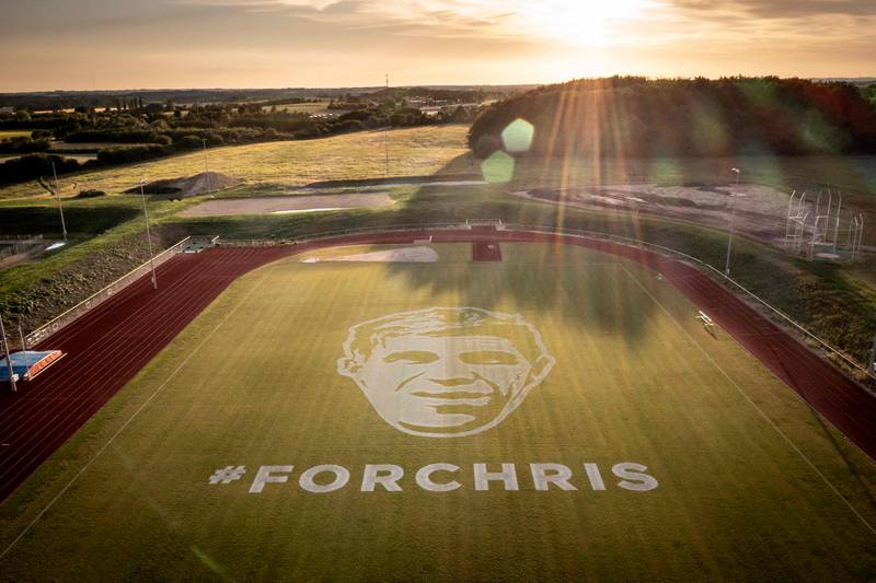 A giant portrait of Danish professional cyclist Chris Anker Soerensen at the Holbaek Sports Village in Denmark. Soerensen died in 2021, after being struck by a van while cycling. AFP