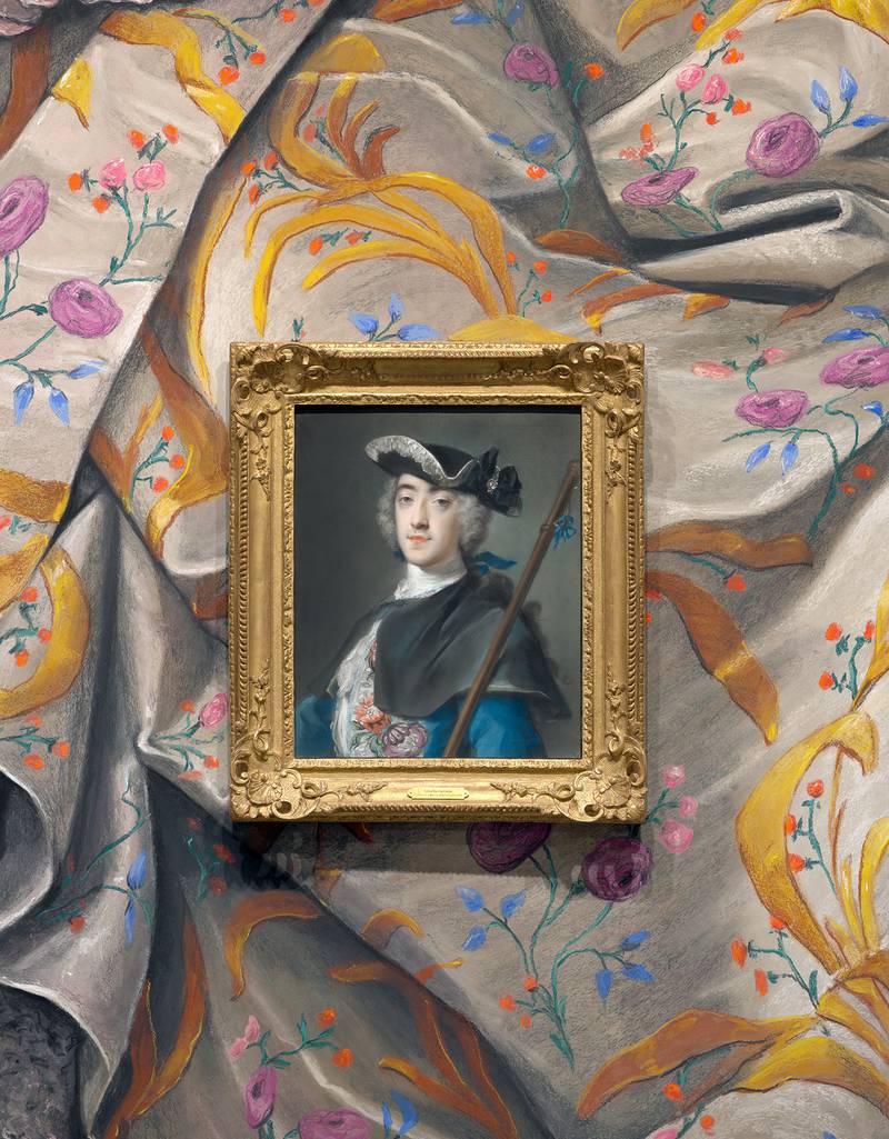 Nicolas Party’s new installation work titled Drapery (Maurice Quentin de La Tour portrait of the Marquise de Pompadour), surrounds Rosalba Carriera’s Portrait of a Man in Pilgrim’s Costume. Photo: Joseph Coscia Jr.