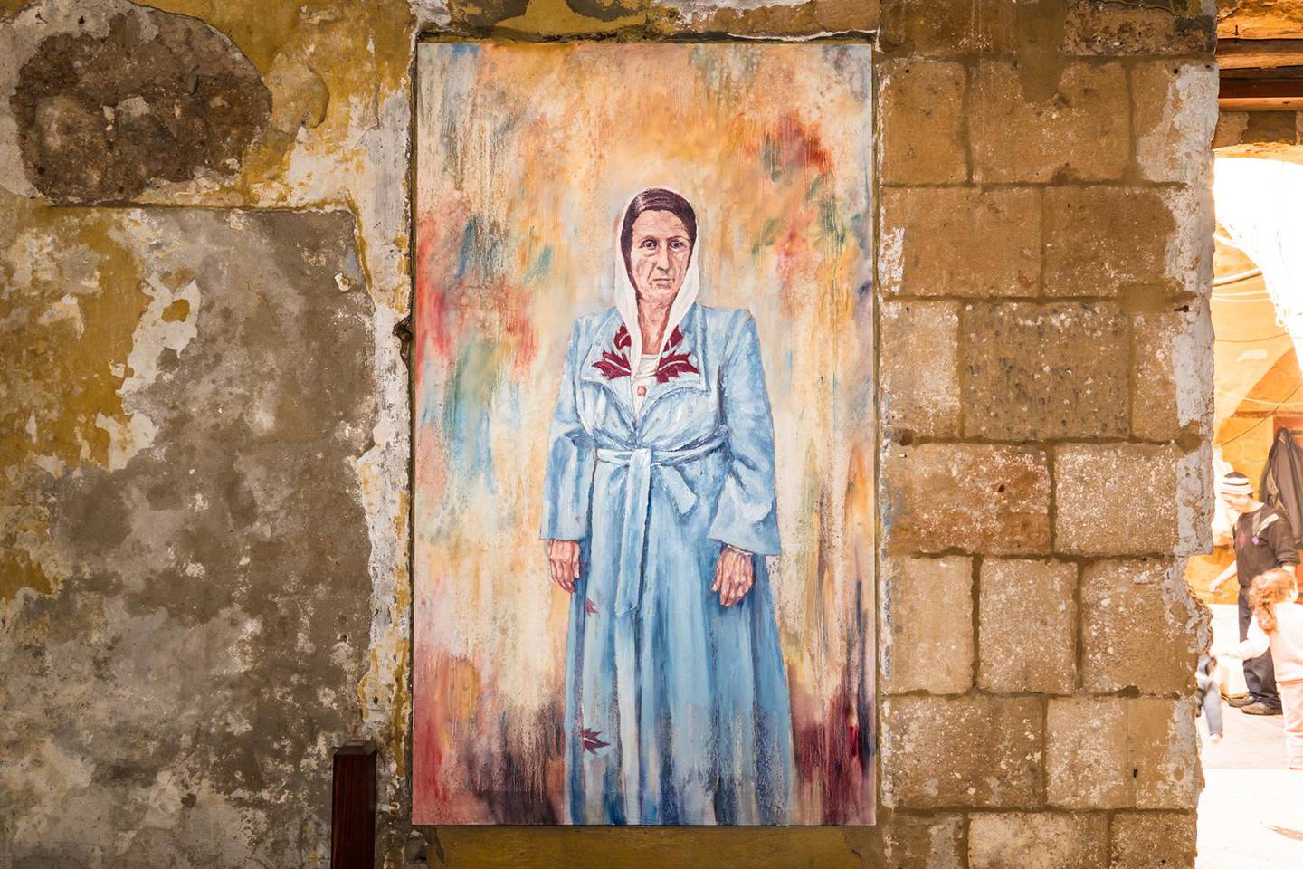 Young's paintings of former Hammam Al-Jadded owner Zahia Al Zarif, based on an archival photo of her from the 1940s. Karim Sakr 