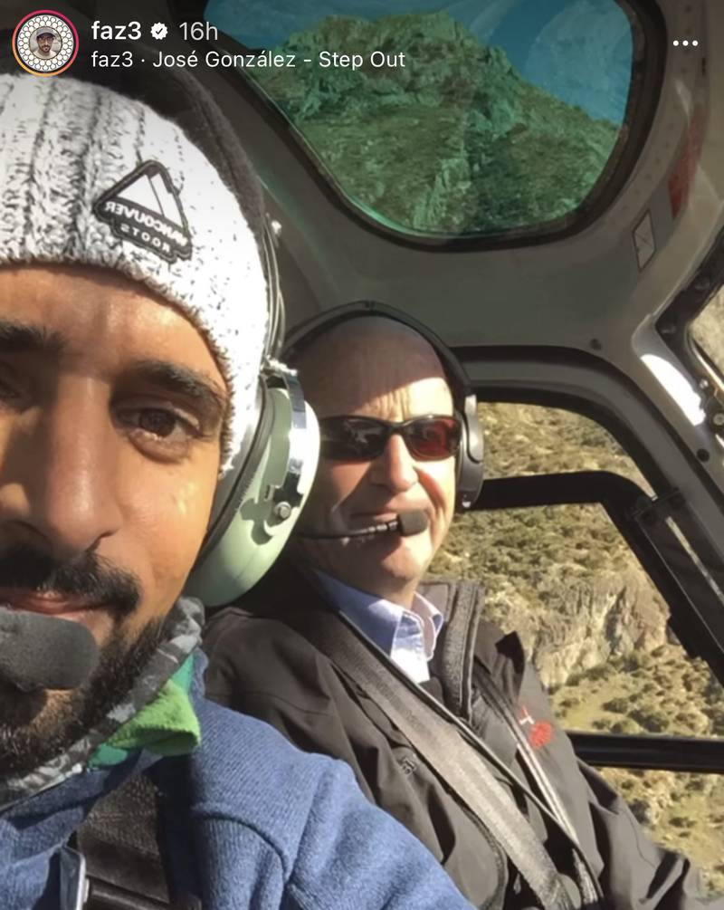 Sheikh Hamdan takes a selfie of himself travelling in a helicopter.