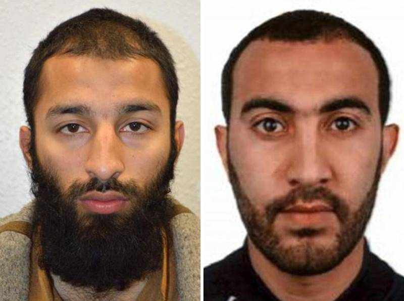 An undated handout picture released by the British Metropolitan police service in London on June 5, 2017 shows Khuram Shazad Butt, left, and Rachid Redouane from Barking, east London, believed by police to be two of the three attackers in the June 3 terror attack on London Bridge. AFP Photo/ Metropolitan police