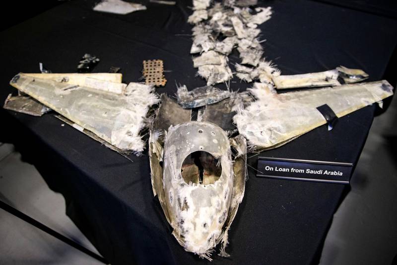 A U.S. Department of Defense exhibit shows a Qasef-1 drone that was recovered on April 11, 2018 by Saudi Arabia, at a military base in Washington, U.S., November 29, 2018. REUTERS/Al Drago     TPX IMAGES OF THE DAY