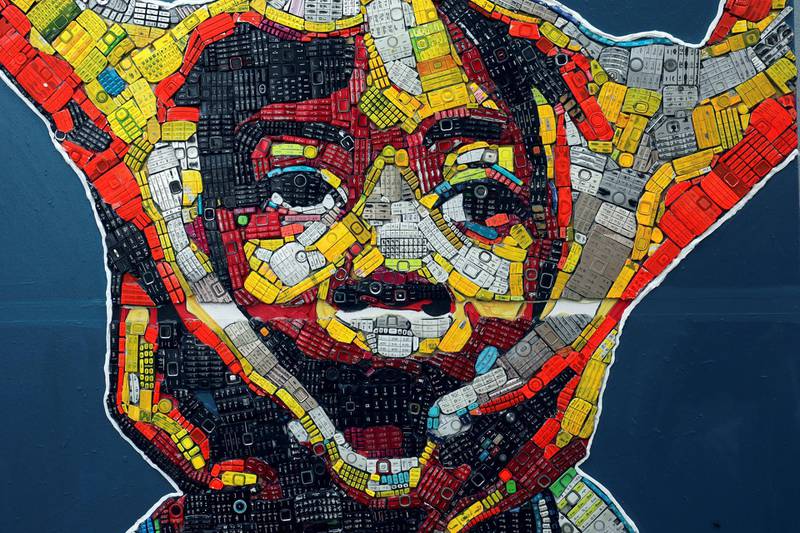 An artwork created with discarded phone keyboards is pictured at the workshop of 24-year-old artist Desire Koffi, in Abidjan, Ivory Coast. Reuters