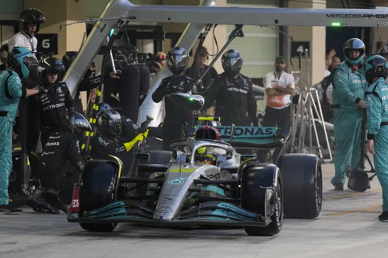 Lewis Hamilton makes a pit stop during the Formula One Abu Dhabi Grand Prix. AP