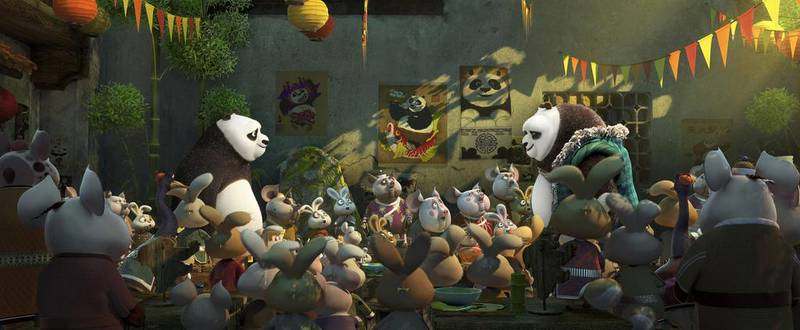 In Kung Fu Panda 3, our roly-poly panda friend Po, left, voiced by Jack Black, meets his biological father Li, voiced by Bryan Cranston. DreamWorks Animation via AP