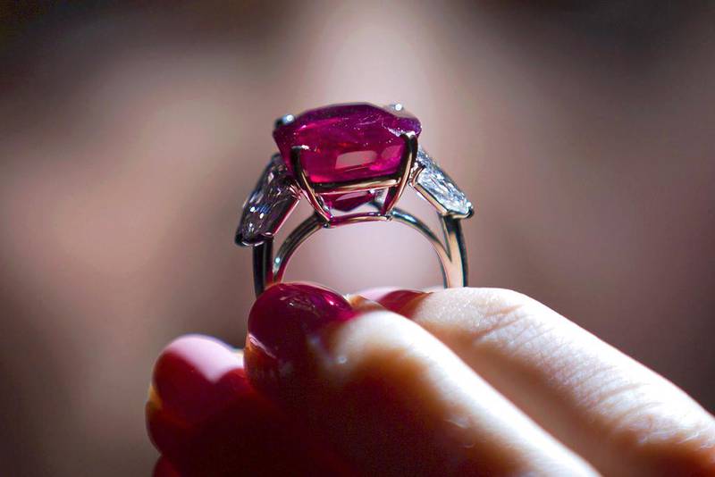 The Sunrise Ruby, set with diamonds, is from the private collection of the jewellery house Cartier. Justin Tallis / AFP