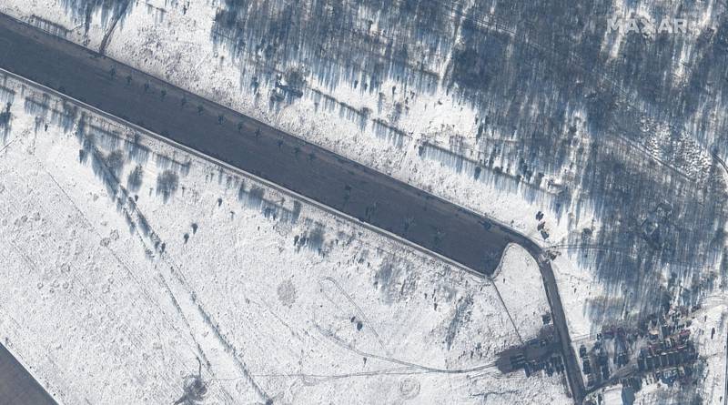 An aerial image of attack helicopters on the runway at Zyabrovka airfield in Belarus.  AP
