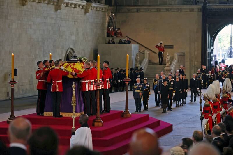 The coffin is laid to rest in Westminster Hall. Getty Images