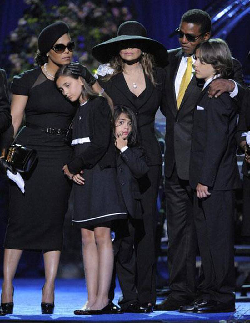 From left, Janet Jackson, Paris Jackson, Prince Michael II, LaToya Jackson, Jackie Jackson and Prince Michael I during the memorial service for Michael Jackson at the Staples Center in Los Angeles on Tuesday.