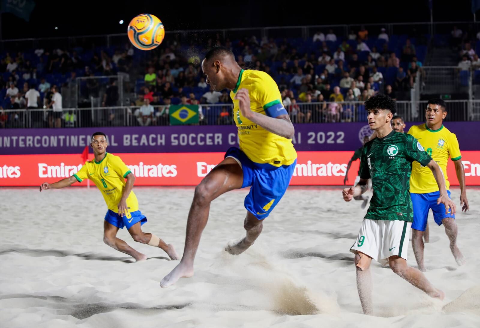Catarino (Front) of Brazil in action during the Emirates Intercontinental Beach Soccer Cup 2022 group A match between Saudi Arabia and Brazil, in Gulf emirate of Dubai, United Arab Emirates, 01 November 2022. EPA / ALI HAIDER