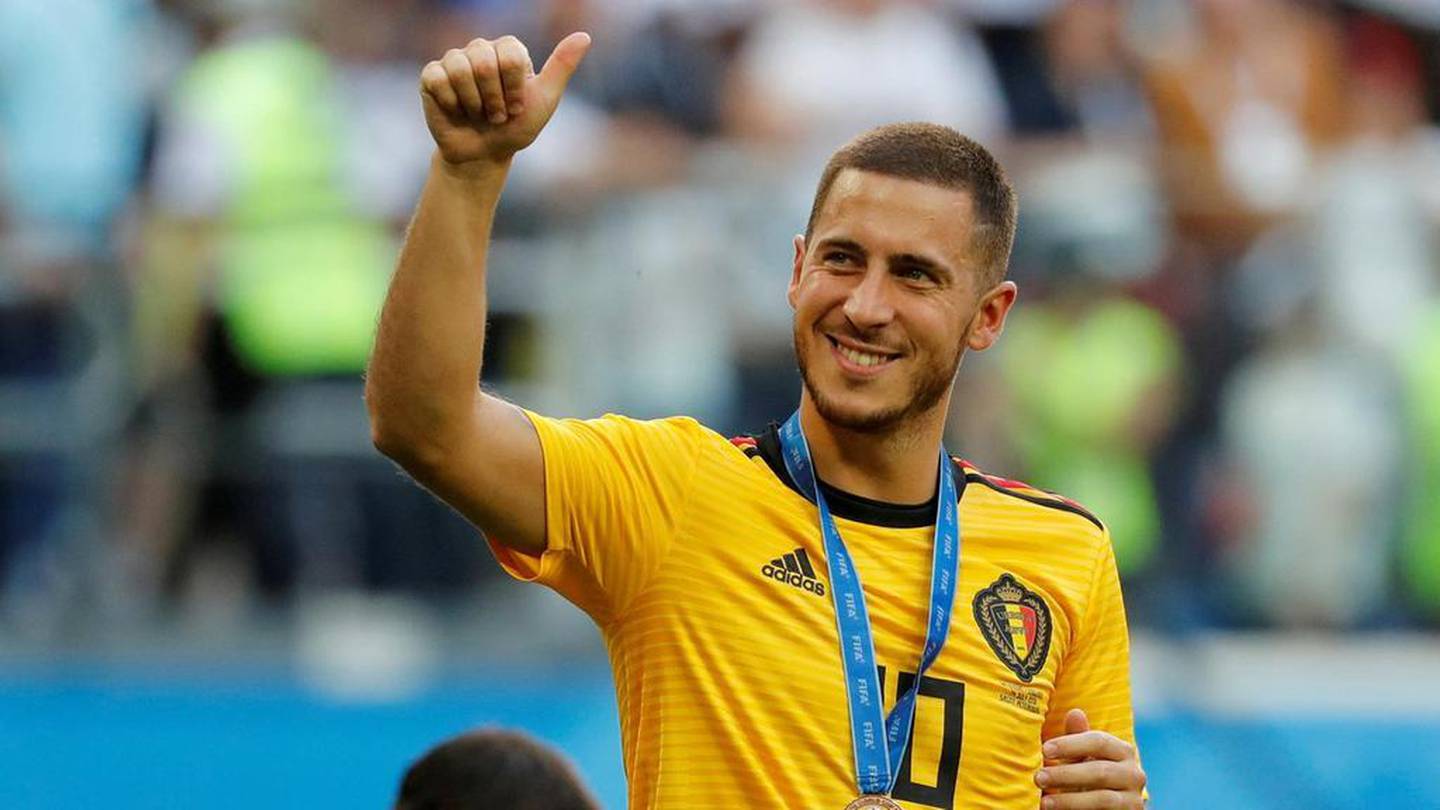 Belgium's Eden Hazard celebrates with his bronze medal after the 2-0 victory over England in the World Cup third-place play-off in Saint Petersburg. Reuters