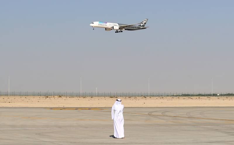 An air display by the Airbus A 350 on the second day of the Dubai Airshow 2021. Chris Whiteoak/ The National