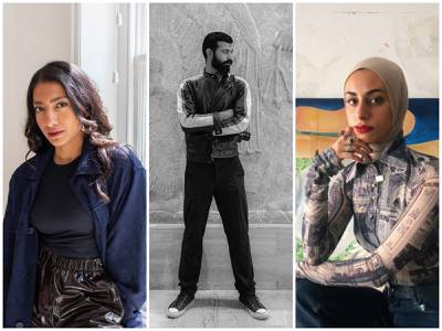 From left, Maitha Abdalla, Amir Hazim and Alymamah Rashed are among 10 Arab artists who are helping to diversify the creative landscape. Photo: Tabari Artspace / Instagram / @amirhazimx / Hunna Art