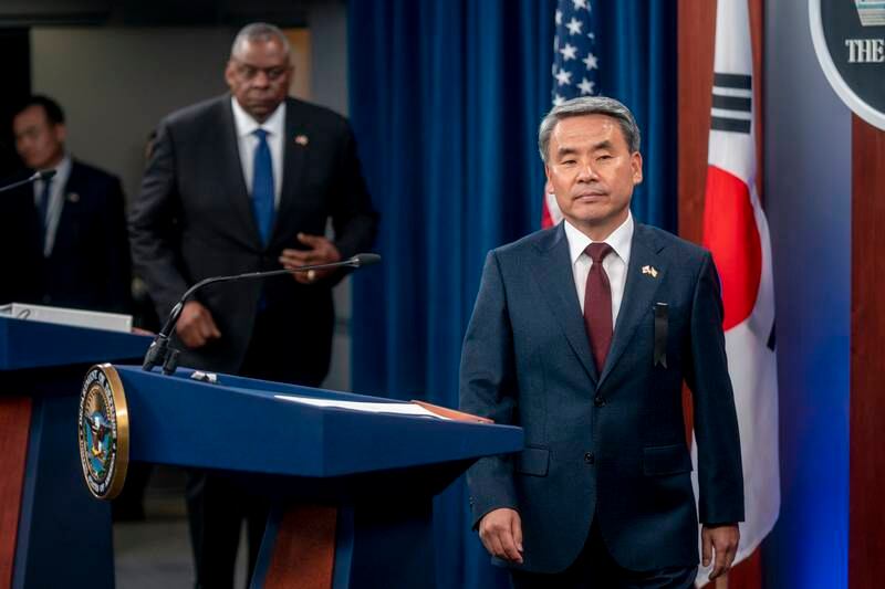 South Korean Minister of Defence Lee Jong-sup and US Secretary of Defence Lloyd Austin arrive for a joint press conference at the Pentagon in Arlington, Virginia. EPA