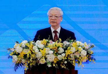 Vietnam's President and Communist Party's General Secretary Nguyen Phu Trong delivers a speech during the opening ceremony of the 37th Association of Southeast Asian Nations (Asean) in Hanoi, Vietnam, November 12, 2020. EPA