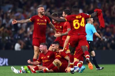 AS Roma celebrate following their victory in the Uefa Conference League final against Feyenoord at Arena Kombetare in Tirana, Albania. Getty