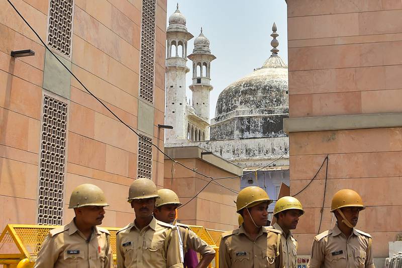 Policemen stand guard near the Gyanvapi mosque, in May.  AFP