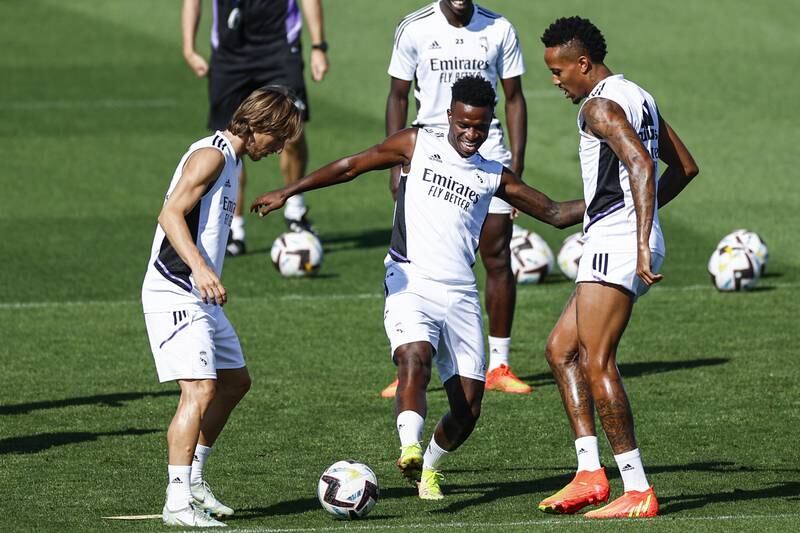 Real Madrid's Luka Modric, Vinicius Jr. and Eder Militao train for the Madrid derby on Sunday. EPA