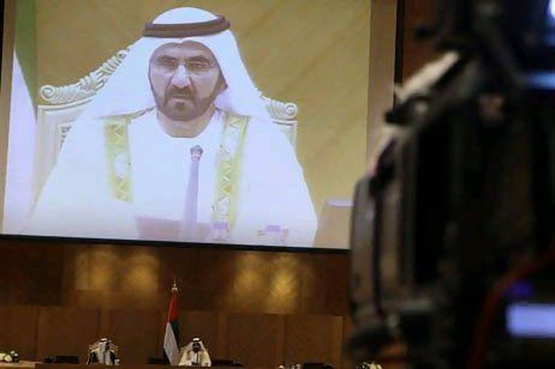 Sheikh Mohammed bin Rashid, Vice President of the UAE and Ruler of Dubai addresses the Federal National Council at the start of it's first session. (Sammy Dallal / The National)