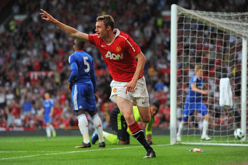 MANCHESTER, ENGLAND - APRIL 20:  William Keane of Manchester United celebrates scoring to make it 2-0 during the FA Youth Cup Semi Final 2nd Leg between Manchester United and Chelsea at Old Trafford on April 20, 2011 in Manchester, England.  (Photo by Michael Regan/Getty Images)