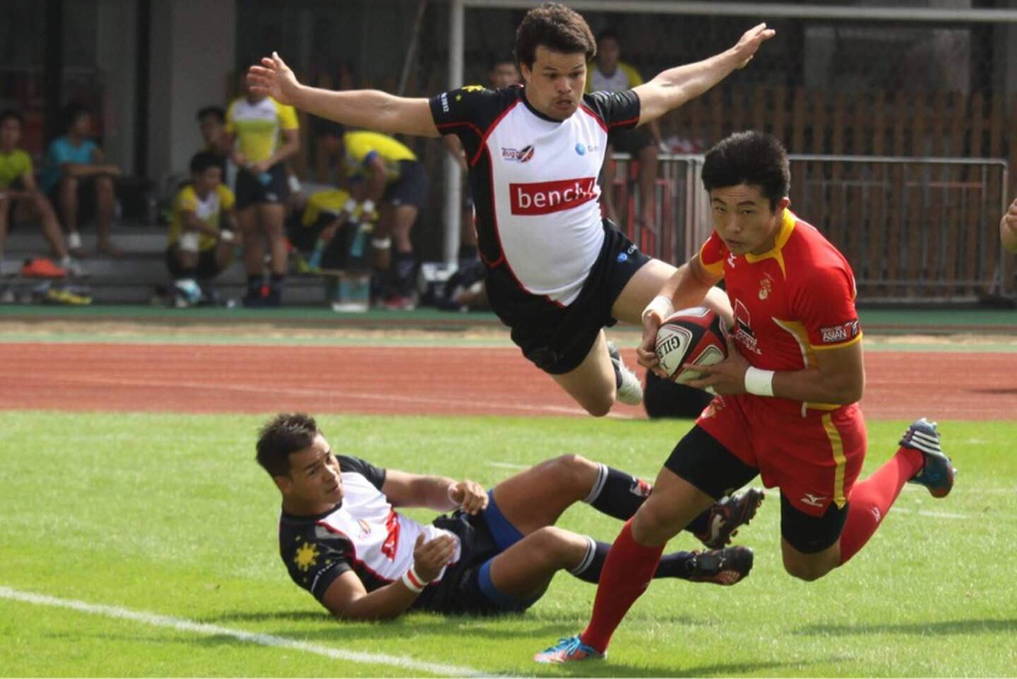Richard Goodwin dives during a rugby league international representing the Philippines. Courtesy Richard Goodwin
