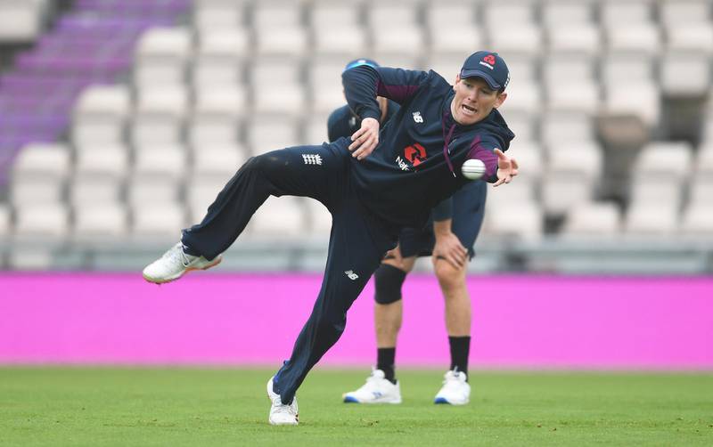England ODI and T20 captain Eoin Morgan takes a catch during fielding practice at the Ageas Bowl in Southampton, on Thursday, September 3. Getty