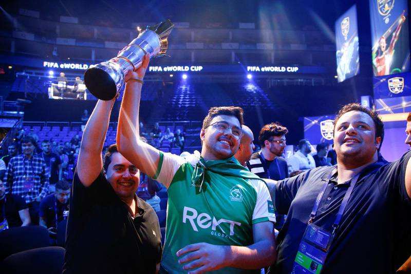 Mosaad 'MSDossary' Aldossary of Saudia Arabia celebrates after defeating Stefano 'Pinna' Pinna of Belgium in the Final of the FIFA eWorld Cup 2018 at The O2 Arena in London, Britain, August 4, 2018. REUTERS/Henry Nicholls
